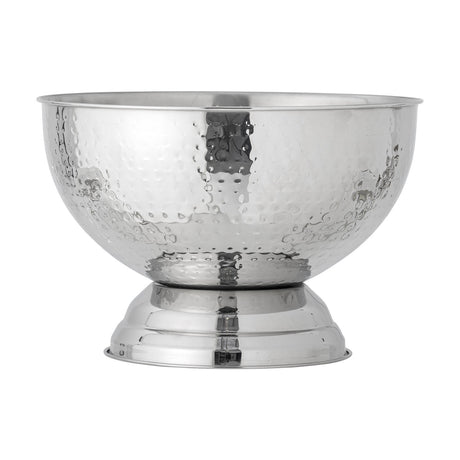 Kaluka Stainless Steel Champagne Bowl 37cm in Silver, a deep round hammered-texture bowl on a stepped pedestal foot, shown against a plain white background.