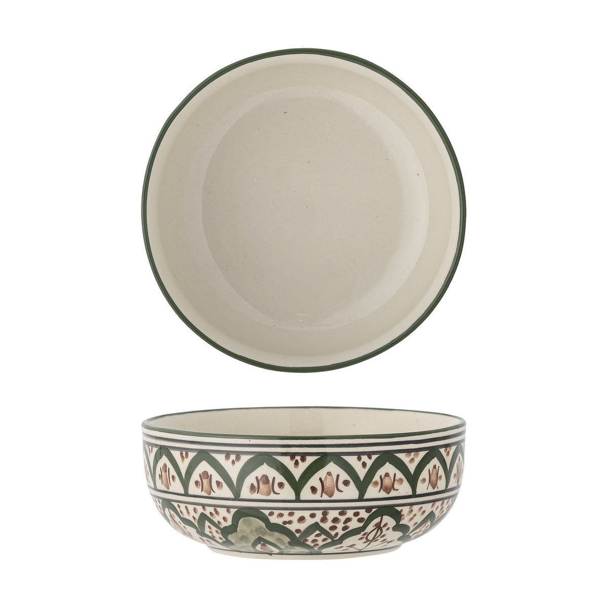 Karlie 15cm Green Stoneware Bowl with plain glazed interior and hand-painted Moroccan-style arch and dot exterior pattern, shown from above and in profile on a white background.