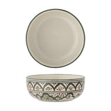 Karlie 15cm Green Stoneware Bowl with plain glazed interior and hand-painted Moroccan-style arch and dot exterior pattern, shown from above and in profile on a white background.
