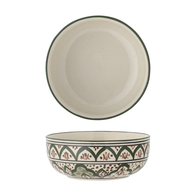 Karlie 15cm Green Stoneware Bowl with plain glazed interior and hand-painted Moroccan-style arch and dot exterior pattern, shown from above and in profile on a white background.