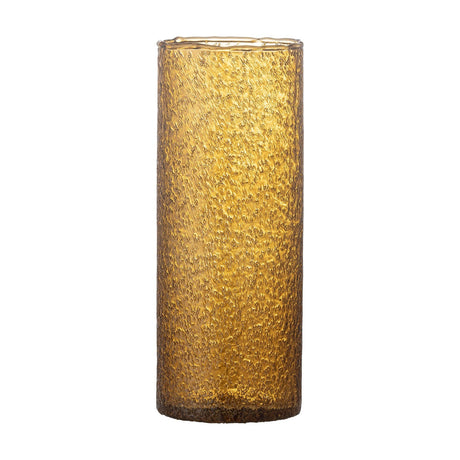 Zenta Glass Vase 32cm in Amber, a tall cylindrical vase with a raised, pitted textured surface in translucent amber glass, shown against a plain white background.