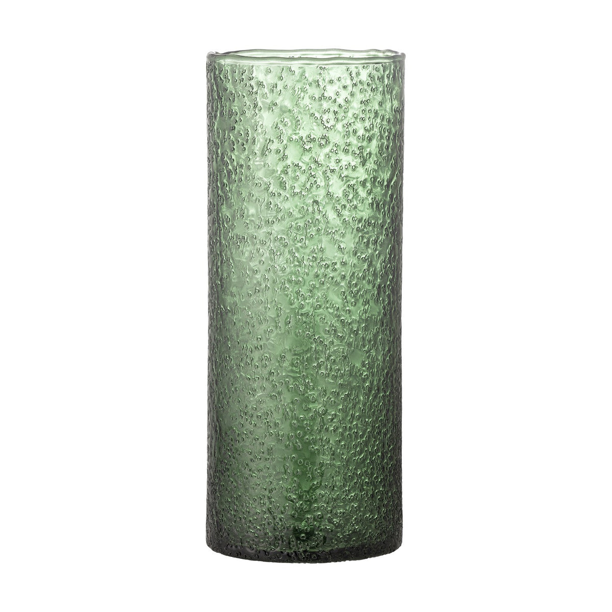 Zenta Glass Vase 32cm in green, a slim cylindrical recycled-glass vase with a raised bubbled texture and deepening colour towards the base, shown on a plain white background.