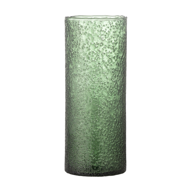 Zenta Glass Vase 32cm in green, a slim cylindrical recycled-glass vase with a raised bubbled texture and deepening colour towards the base, shown on a plain white background.