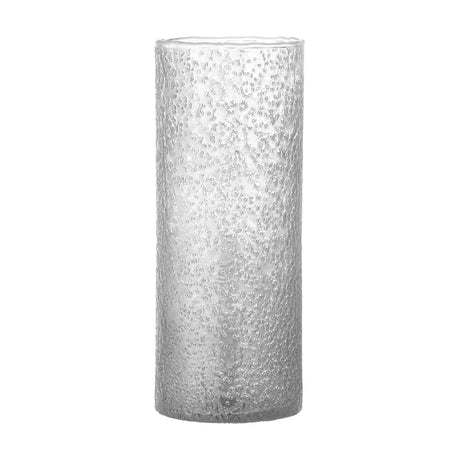 Zenta Glass Vase 32cm in clear recycled glass, a tall cylindrical shape with a pebbled, bead-textured surface and irregular rim, shown on a plain white background.