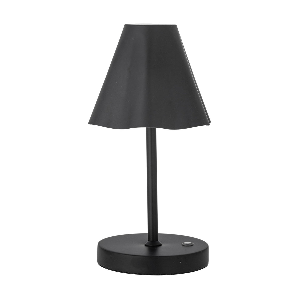 Lianna Wavy Iron Rechargeable Table Lamp in black, featuring a cone-shaped shade with a soft wavy lower edge, slender stem, and round base with touch control, shown on a plain white background.