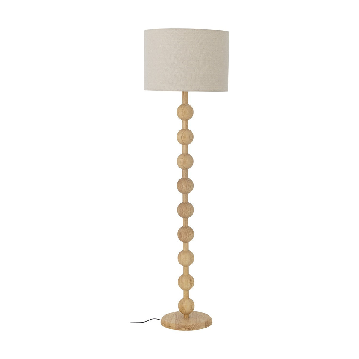 Giacoma Wooden Floor Lamp in natural wood, featuring a stacked sphere column stem on a round base with a cylindrical linen drum shade, shown against a plain white background.