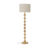 Giacoma Wooden Floor Lamp in natural wood, featuring a stacked sphere column stem on a round base with a cylindrical linen drum shade, shown against a plain white background.