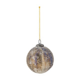 Nany Glass Christmas Bauble in bronze, a round 10cm ornament with crackled, uneven textured finish, metal cap and loop, with gold hanging cord on a plain white background.
