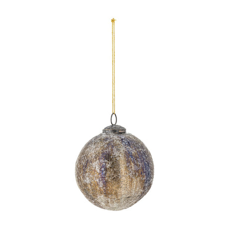 Nany Glass Christmas Bauble in bronze, a round 10cm ornament with crackled, uneven textured finish, metal cap and loop, with gold hanging cord on a plain white background.
