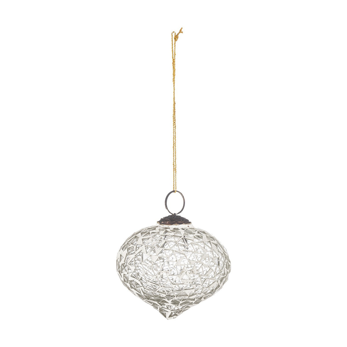 Nadine Glass Christmas Tree Decoration in clear mosaic glass, onion-shaped bauble with a dark metal hanging loop and gold cord, shown on a plain white background.
