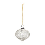 Nadine Glass Christmas Tree Decoration in clear mosaic glass, onion-shaped bauble with a dark metal hanging loop and gold cord, shown on a plain white background.