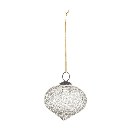 Nadine Glass Christmas Tree Decoration in clear mosaic glass, onion-shaped bauble with a dark metal hanging loop and gold cord, shown on a plain white background.