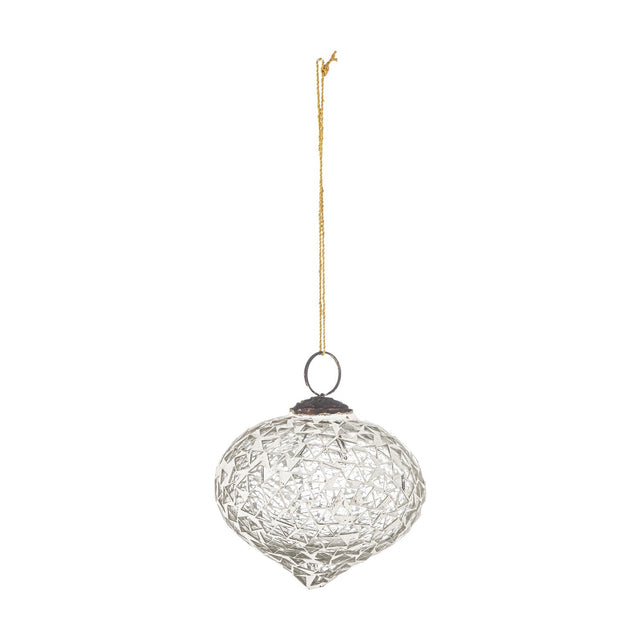 Nadine Glass Christmas Tree Decoration in clear mosaic glass, onion-shaped bauble with a dark metal hanging loop and gold cord, shown on a plain white background.