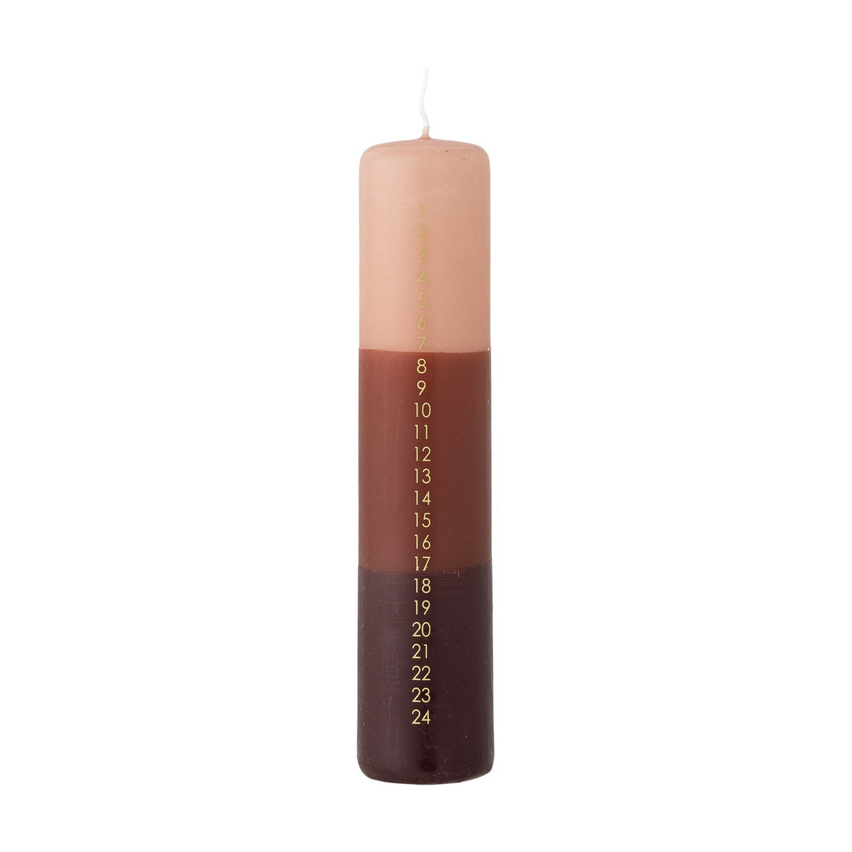Tall slim pillar candle dip-dyed in pink, terracotta, and dark brown bands, featuring a gold 1–24 advent countdown printed down one side, shown on a white background.