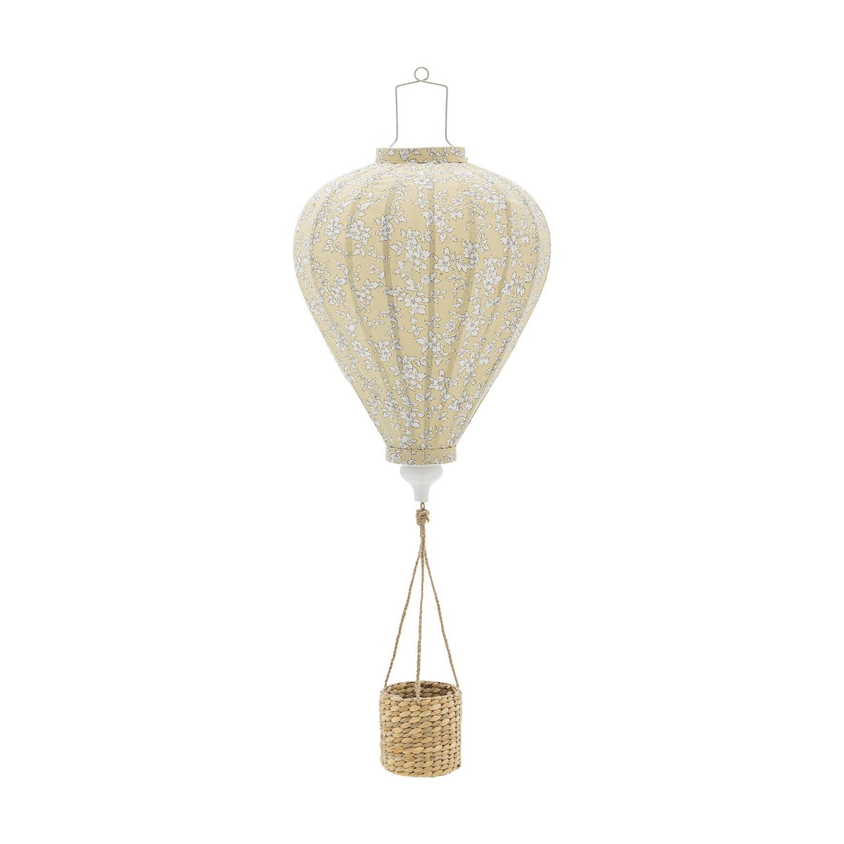 Pomp Floral Baby Mobile in yellow, a hot air balloon-shaped hanging decoration with ribbed fabric panels and small floral pattern, paired with a woven basket, shown on a plain white background.