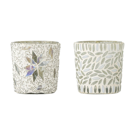 Myr Leaf Glass Christmas Tealight Holders Set of 2 in white, one with a beaded star mosaic and one with slim leaf shapes, both glass, 6.5cm wide, on a plain white background.