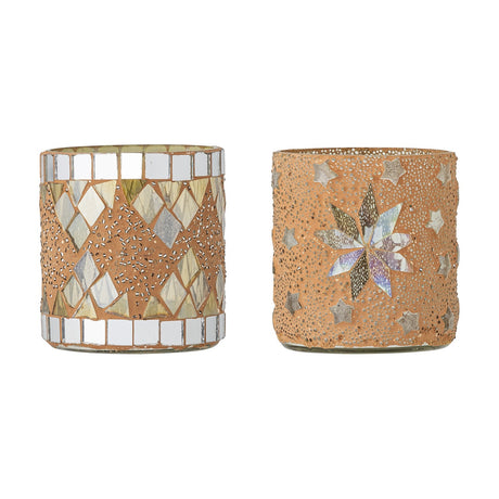 Miya round glass tealight holders, set of 2 in nude, with mosaic mirror-tile diamond pattern and star motif designs, shown on a plain white background.