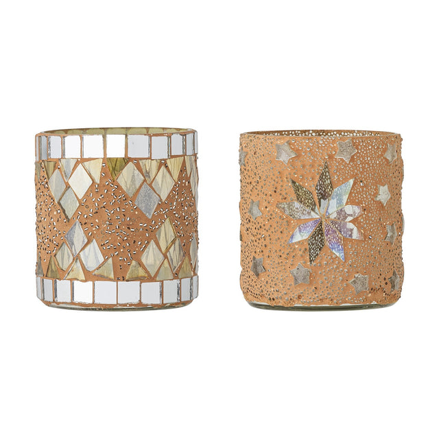 Miya round glass tealight holders, set of 2 in nude, with mosaic mirror-tile diamond pattern and star motif designs, shown on a plain white background.