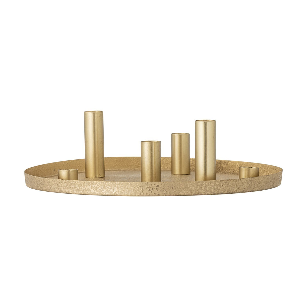 Maxime Iron Christmas Candle Holders Set of 7 in gold, round textured tray with six cylindrical candle holders in varying heights, shown on a white background.