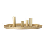 Maxime Iron Christmas Candle Holders Set of 7 in gold, round textured tray with six cylindrical candle holders in varying heights, shown on a white background.