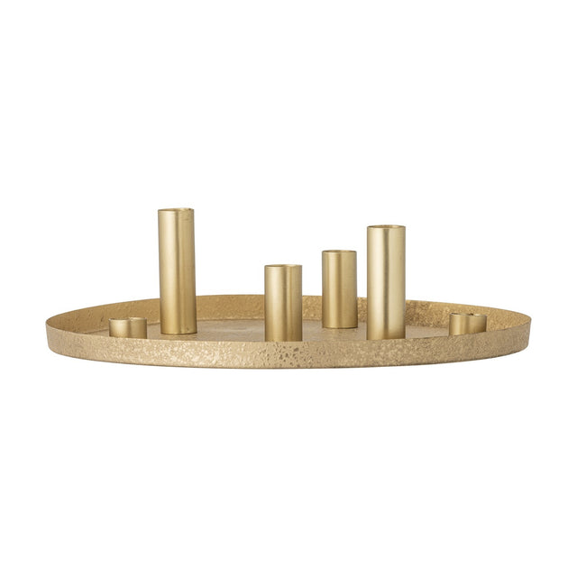 Maxime Iron Christmas Candle Holders Set of 7 in gold, round textured tray with six cylindrical candle holders in varying heights, shown on a white background.