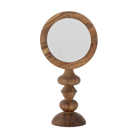 Malukka Wooden Table Mirror 20x40cm in Brown, a round glass mirror in a thick acacia wood frame on a turned stem with bulb, diamond, and domed foot shapes.