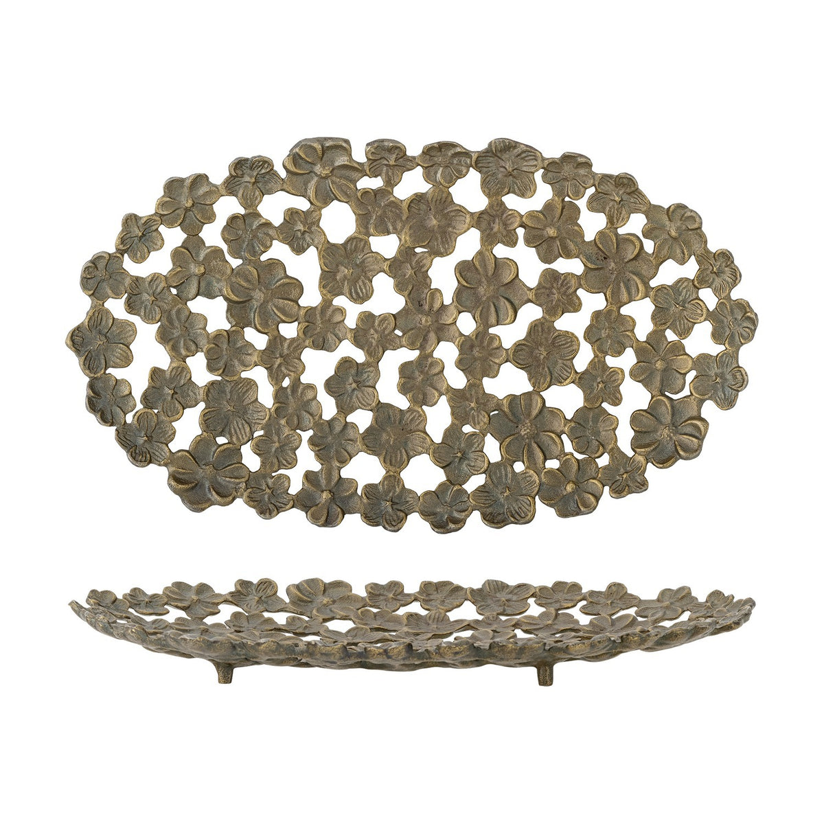 Micha Aluminium Tray in brass, an oval serving tray with an open lattice of layered flower petals, shown from above and in profile on a plain white background.