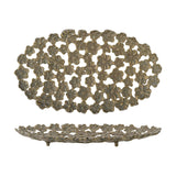 Micha Aluminium Tray in brass, an oval serving tray with an open lattice of layered flower petals, shown from above and in profile on a plain white background.