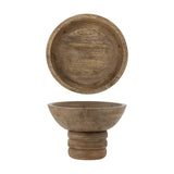 Nanuka Round Wooden Pedestal Bowl 20.5cm in brown mango wood, shown from above and side on a ringed stacked foot, set against a plain white background.