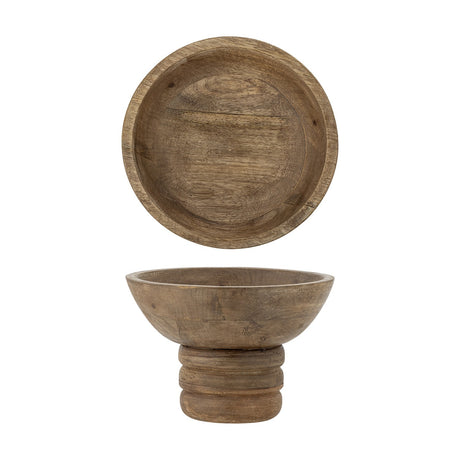 Nanuka Round Wooden Pedestal Bowl 20.5cm in brown mango wood, shown from above and side on a ringed stacked foot, set against a plain white background.