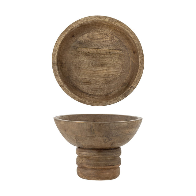 Nanuka Round Wooden Pedestal Bowl 20.5cm in brown mango wood, shown from above and side on a ringed stacked foot, set against a plain white background.