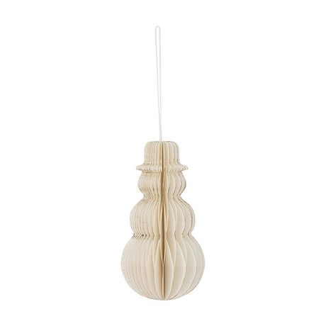 Felip Paper Christmas Tree Decoration in cream, a honeycomb-fold snowman ornament with rounded tiers and a brimmed hat, shown with hanging loop on a white background.