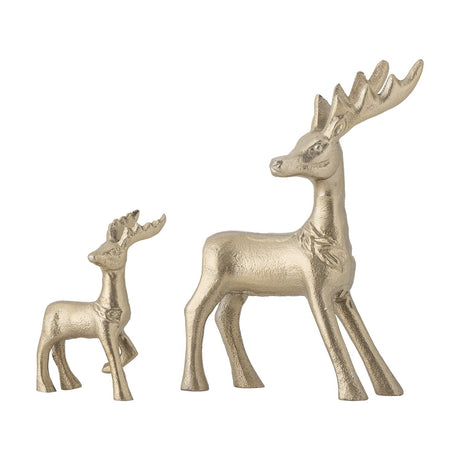 Kila Aluminium Christmas Decorations Set of 2 in Gold, featuring a standing stag with branching antlers and a smaller deer with one leg raised, both in textured metal on a white background.
