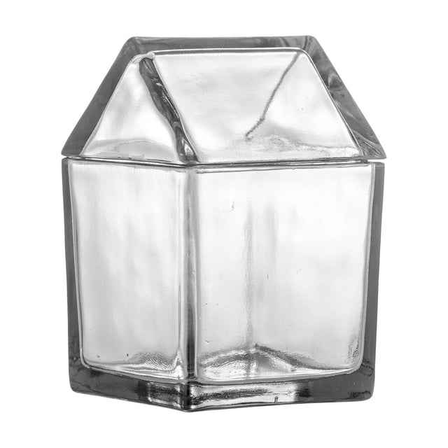 Elius House glass Christmas storage jar with lid, 1100ml, clear recycled glass in a square house shape with pitched roof lid, on a plain white background.