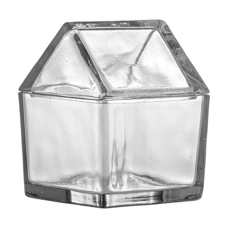 Elius House glass storage jar with pitched roof-shaped lid, clear recycled glass, square body, 550ml, shown on a plain white background.