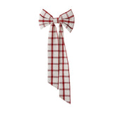 Ruby Cotton Christmas Bow in red check fabric with two rounded loops, a wrapped knot, and long tapered tails, shown on a plain white background.