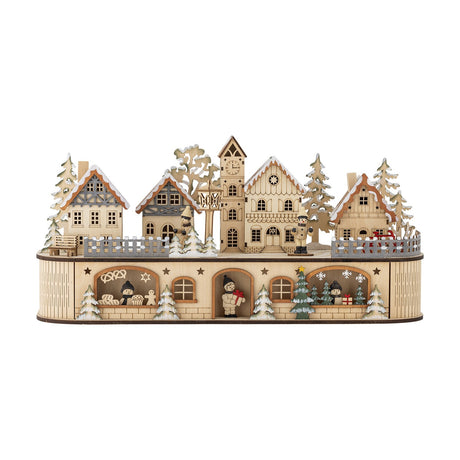 Norwich Wooden Christmas Decoration with Light in beige, a lit wooden village scene with gabled houses, a clock tower, fir trees, a street lamp and figures on an arched-window base.