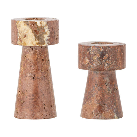 Anneli Travertine Candle Holders, set of 2, brown natural stone with tapered bases and round collars at two heights, shown on a plain white background.
