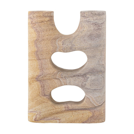 Lodi Marbled Sandstone Candle Holder in beige, a two-arm block design with rounded notch and two pebble-shaped cut-through openings, set against a plain white background.