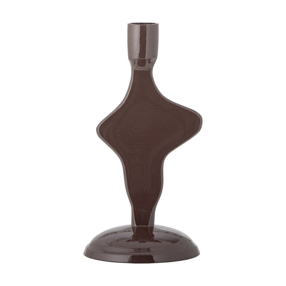 Cidra aluminium candle holder in glossy brown, with a sculptural abstract shape, narrow neck, domed round base, and single taper cup, shown on a plain white background.