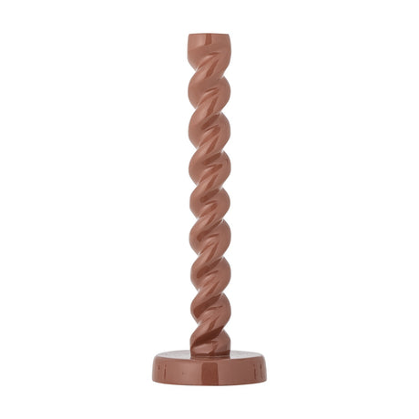Diza tall candle holder in glossy brown aluminium with a spiral twisted stem, round disc base, and single candle socket, shown on a plain white background.