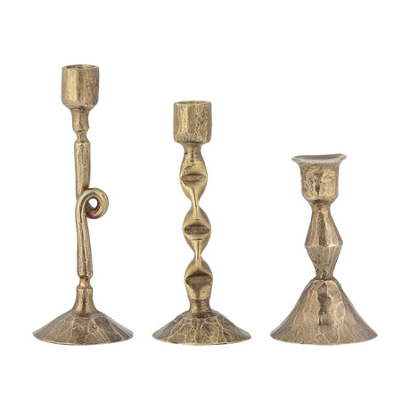 Efsa Iron Candle Holders Set of 3 in brass with varied heights, featuring a scrolled stem, a twisted spiral stem, and a faceted stem, each on a flared bell base, shown on a plain white background.