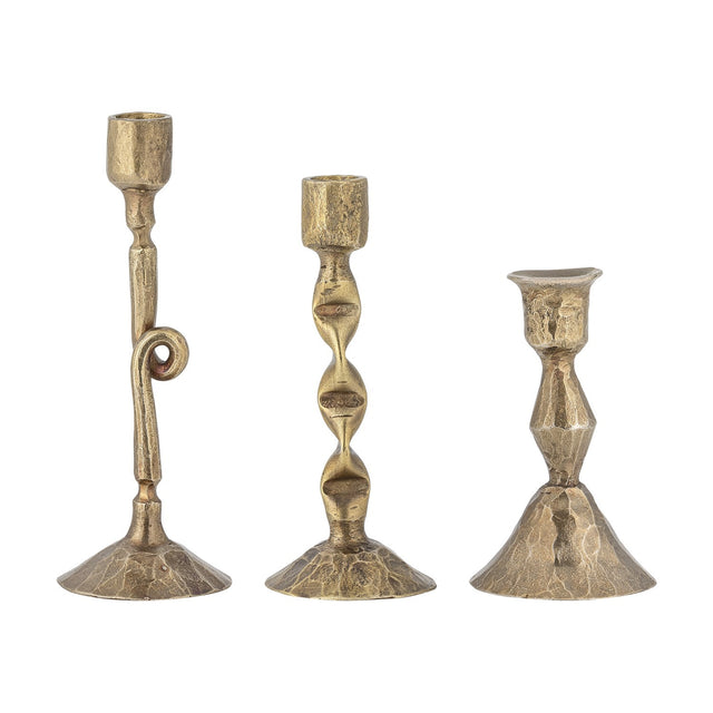 Efsa Iron Candle Holders Set of 3 in brass with varied heights, featuring a scrolled stem, a twisted spiral stem, and a faceted stem, each on a flared bell base, shown on a plain white background.