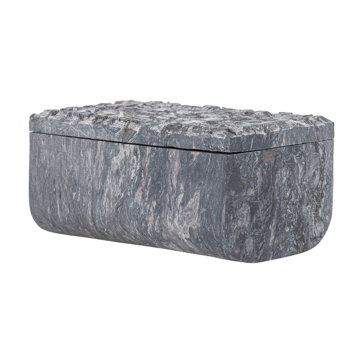 Nubia Soapstone Storage Box with Lid in grey, rectangular with curved edges, smooth veined sides and a textured raised-square grid on the lid, shown against a plain white background.