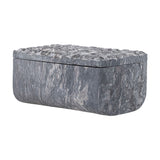 Nubia Soapstone Storage Box with Lid in grey, rectangular with curved edges, smooth veined sides and a textured raised-square grid on the lid, shown against a plain white background.