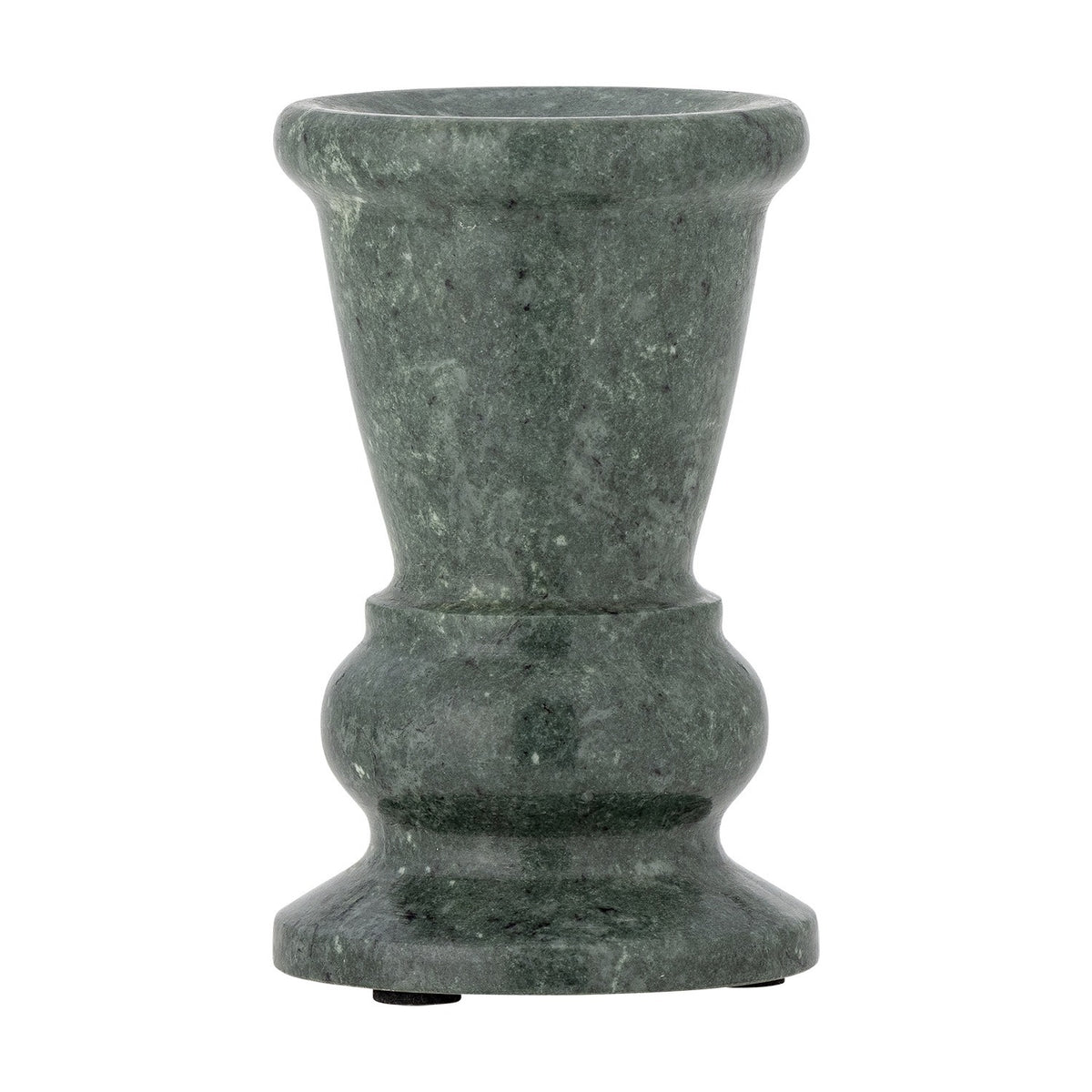 Sicilia Marble Candle Holder 12.5cm in green stone with pale veining, featuring a flared rolled-rim cup, narrow waist, rounded swell, and stepped foot, shown on a plain white background.