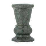 Sicilia Marble Candle Holder 12.5cm in green stone with pale veining, featuring a flared rolled-rim cup, narrow waist, rounded swell, and stepped foot, shown on a plain white background.