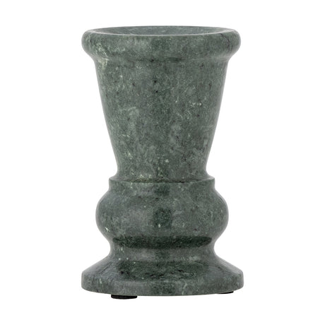 Sicilia Marble Candle Holder 12.5cm in green stone with pale veining, featuring a flared rolled-rim cup, narrow waist, rounded swell, and stepped foot, shown on a plain white background.