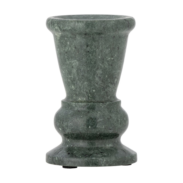 Sicilia Marble Candle Holder 12.5cm in green stone with pale veining, featuring a flared rolled-rim cup, narrow waist, rounded swell, and stepped foot, shown on a plain white background.