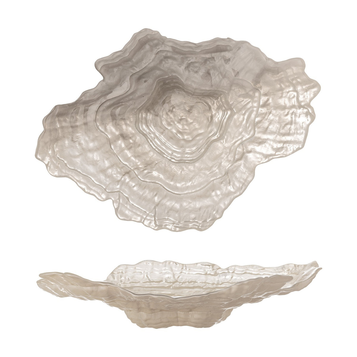 Aiku Shell Glass Bowl 38x29cm in pearl, shown top and side view with wavy rippled rim and stepped ridges leading to a textured centre, on a white background.